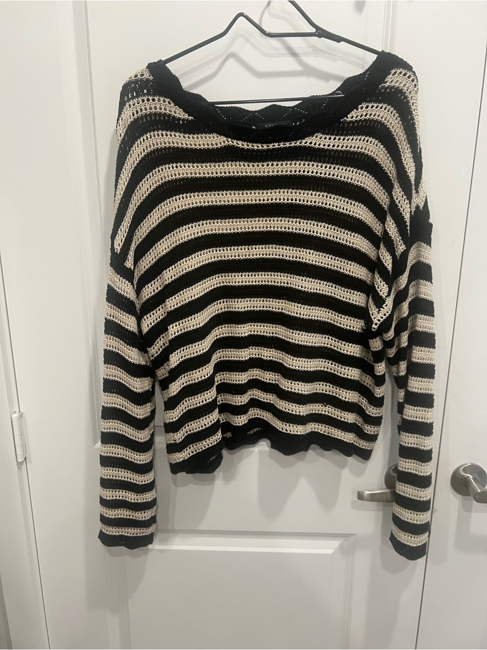 Striped Black and Cream Open-Knit Scoop Neck Sweater